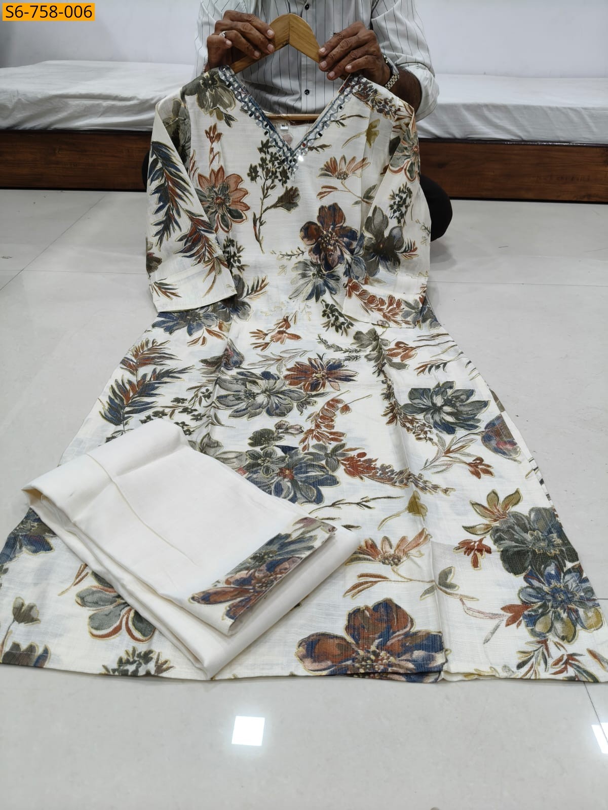 White Handwork Straight Kurti With Pant Set