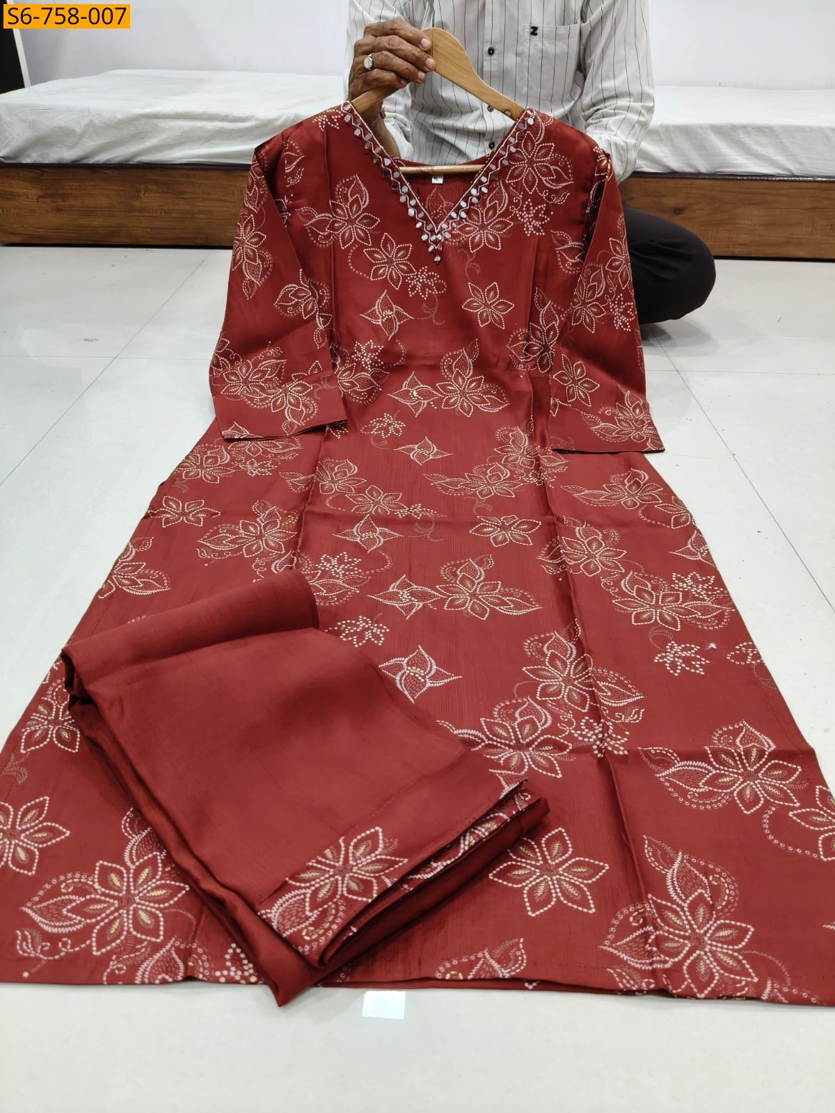Brown Handwork Straight Kurti With Pant Set