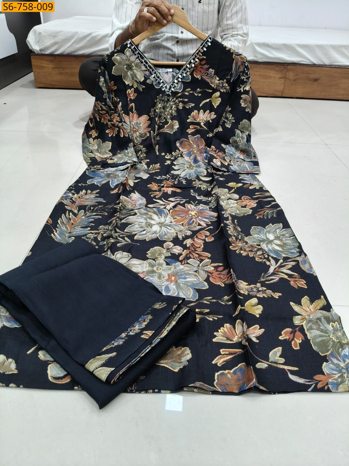 Black Handwork Straight Kurti With Pant Set