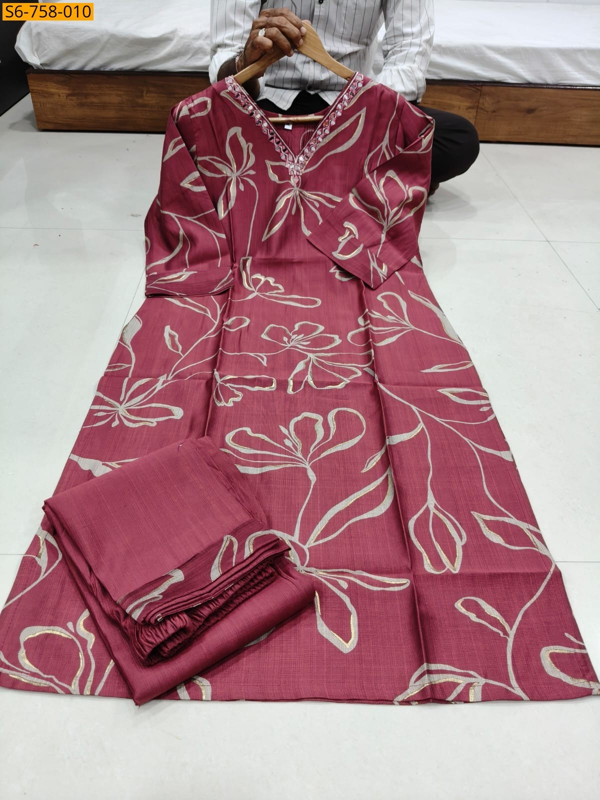 Pink Handwork Straight Kurti With Pant Set