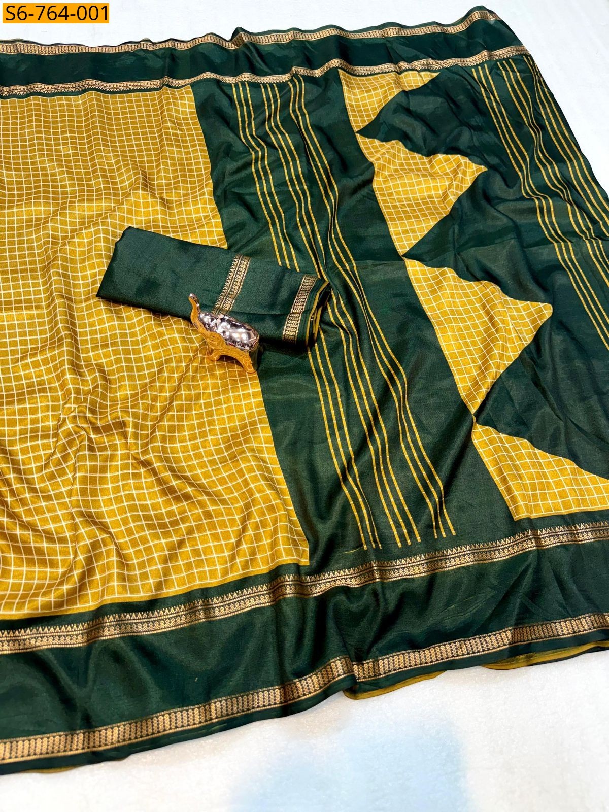 Mustard Soft Tussar Checks Printed Saree