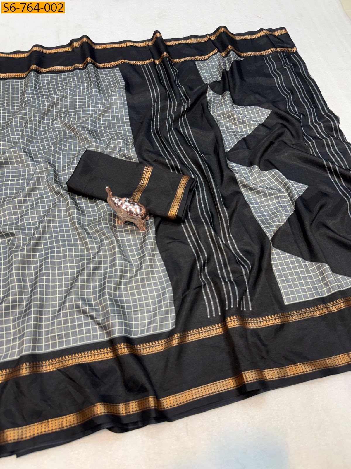 Gray Soft Tussar Checks Printed Saree