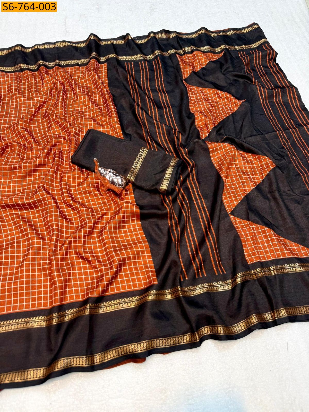 Orange Soft Tussar Checks Printed Saree