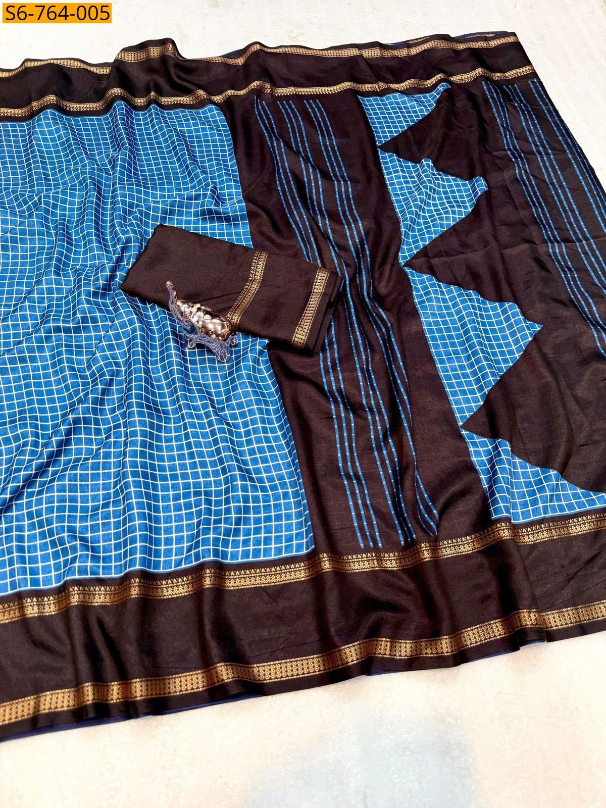 Blue Soft Tussar Checks Printed Saree