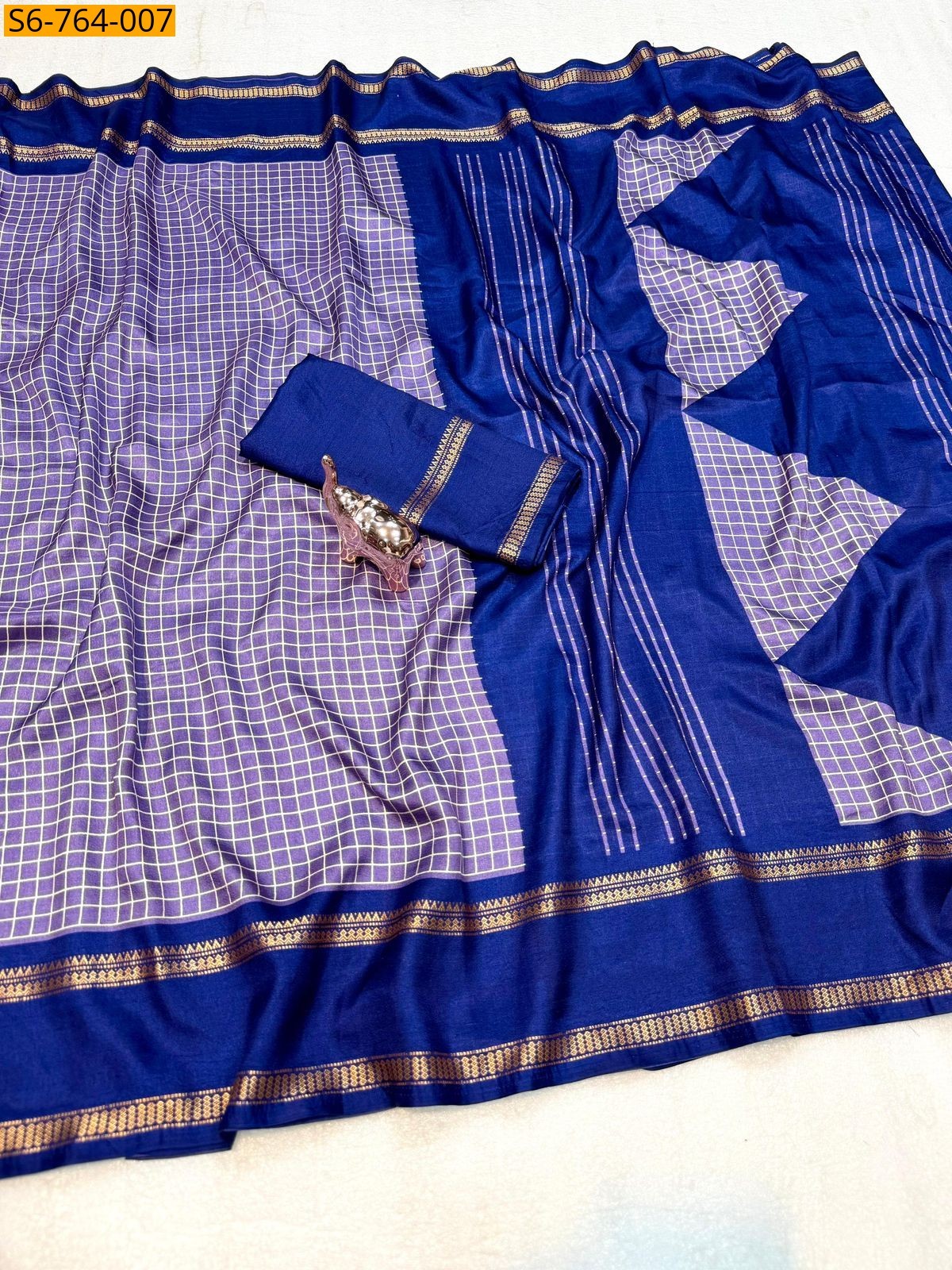 Lavender Soft Tussar Checks Printed Saree