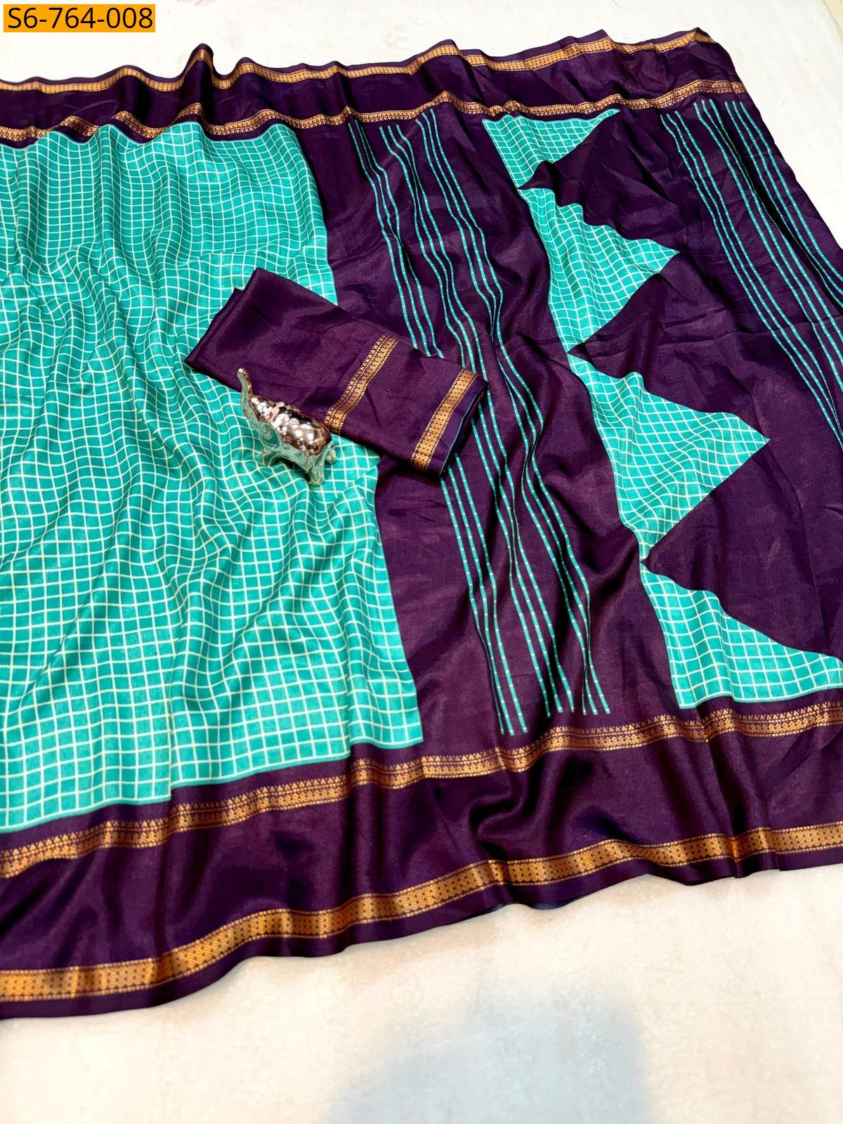 Rama Green Soft Tussar Checks Printed Saree