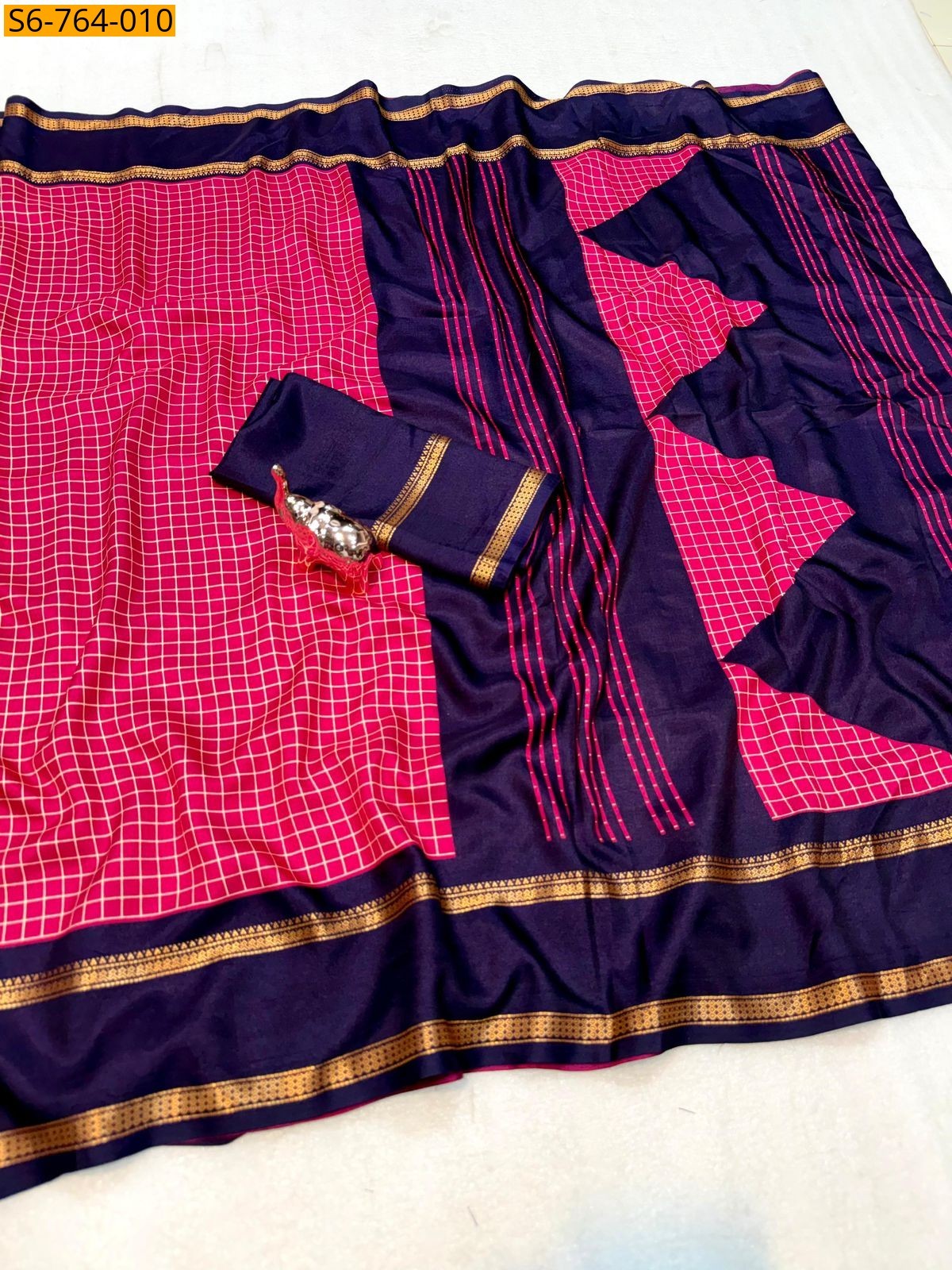 Pink Soft Tussar Checks Printed Saree