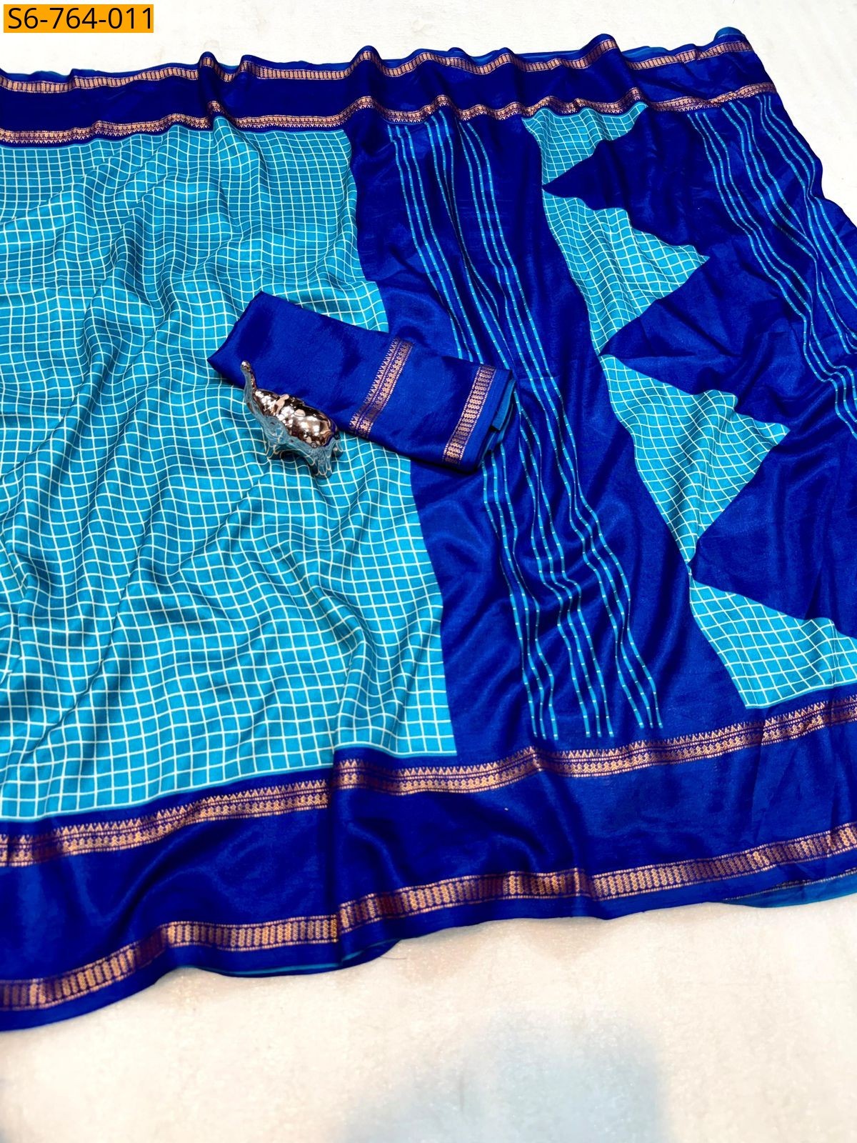 Blue Soft Tussar Checks Printed Saree
