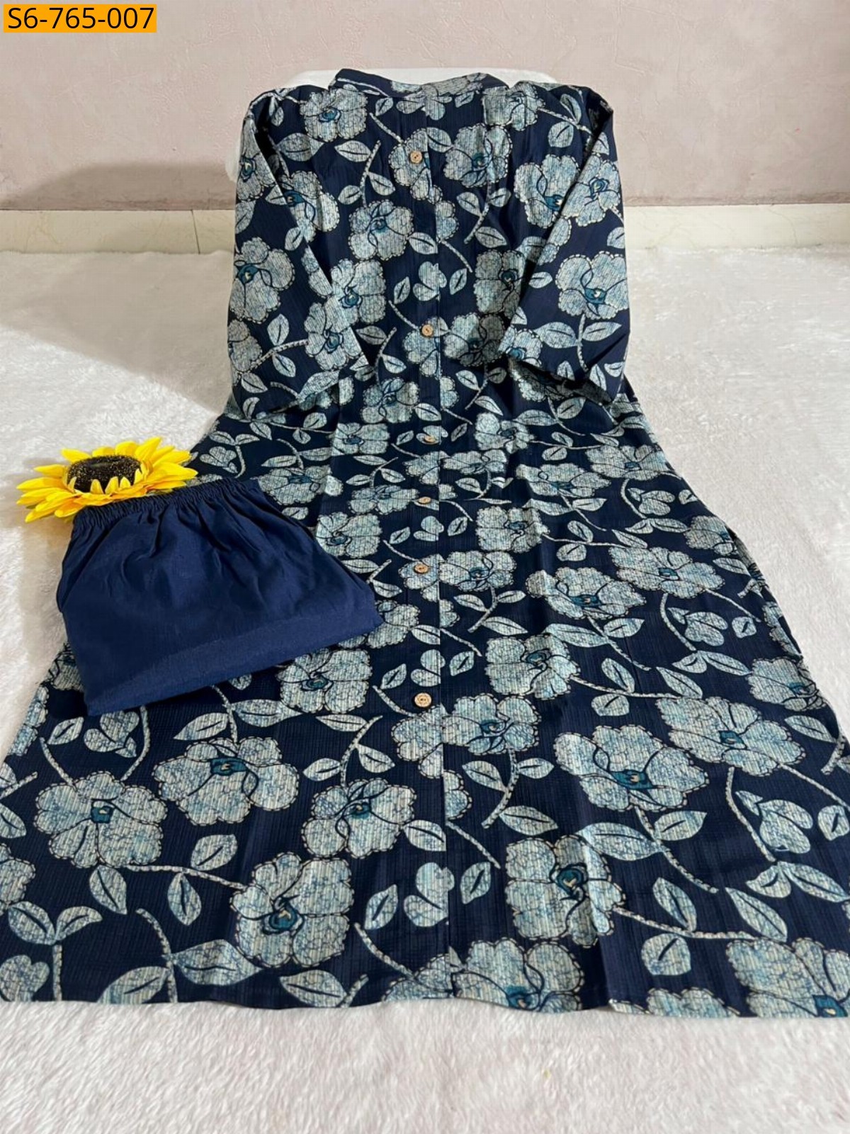 Navy Blue Cotton Aline Kurti With Pant