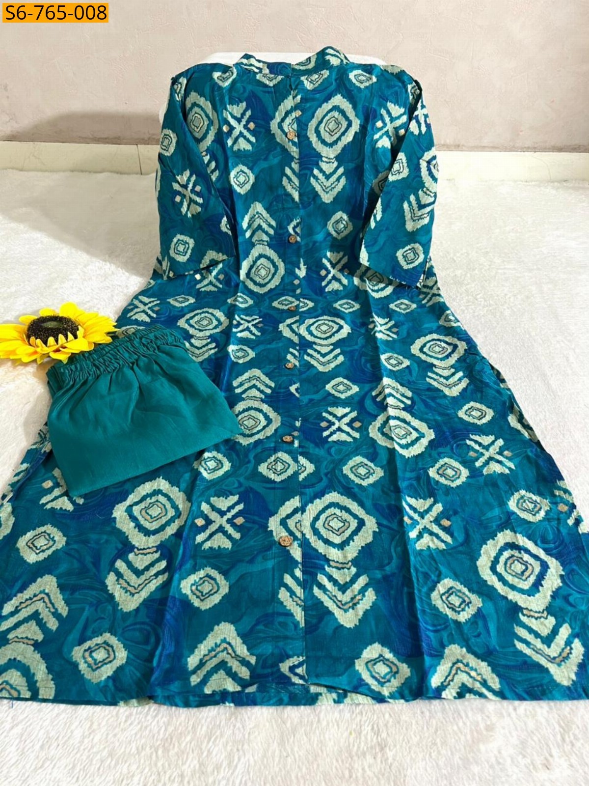 Blue Cotton Aline Kurti With Pant