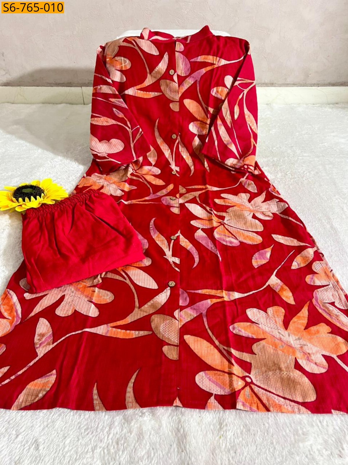 Red Cotton Aline Kurti With Pant