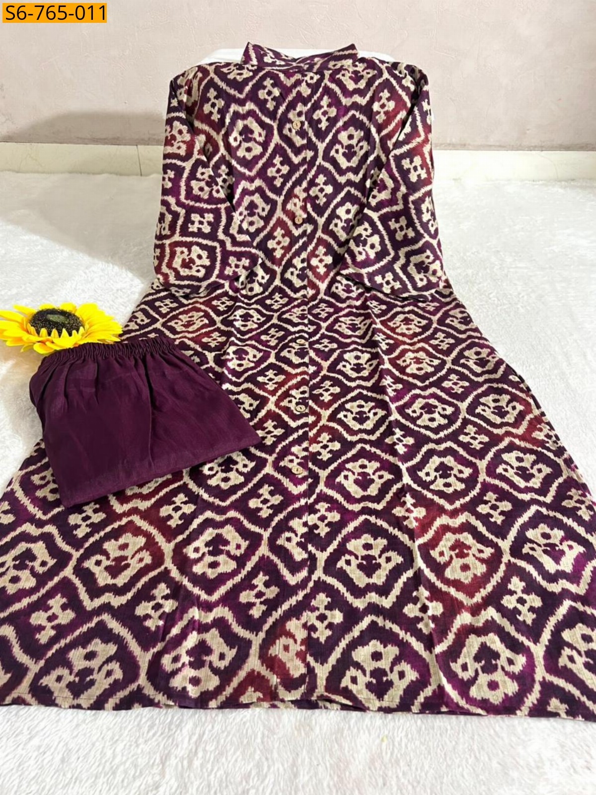 Maroon Cotton Aline Kurti With Pant