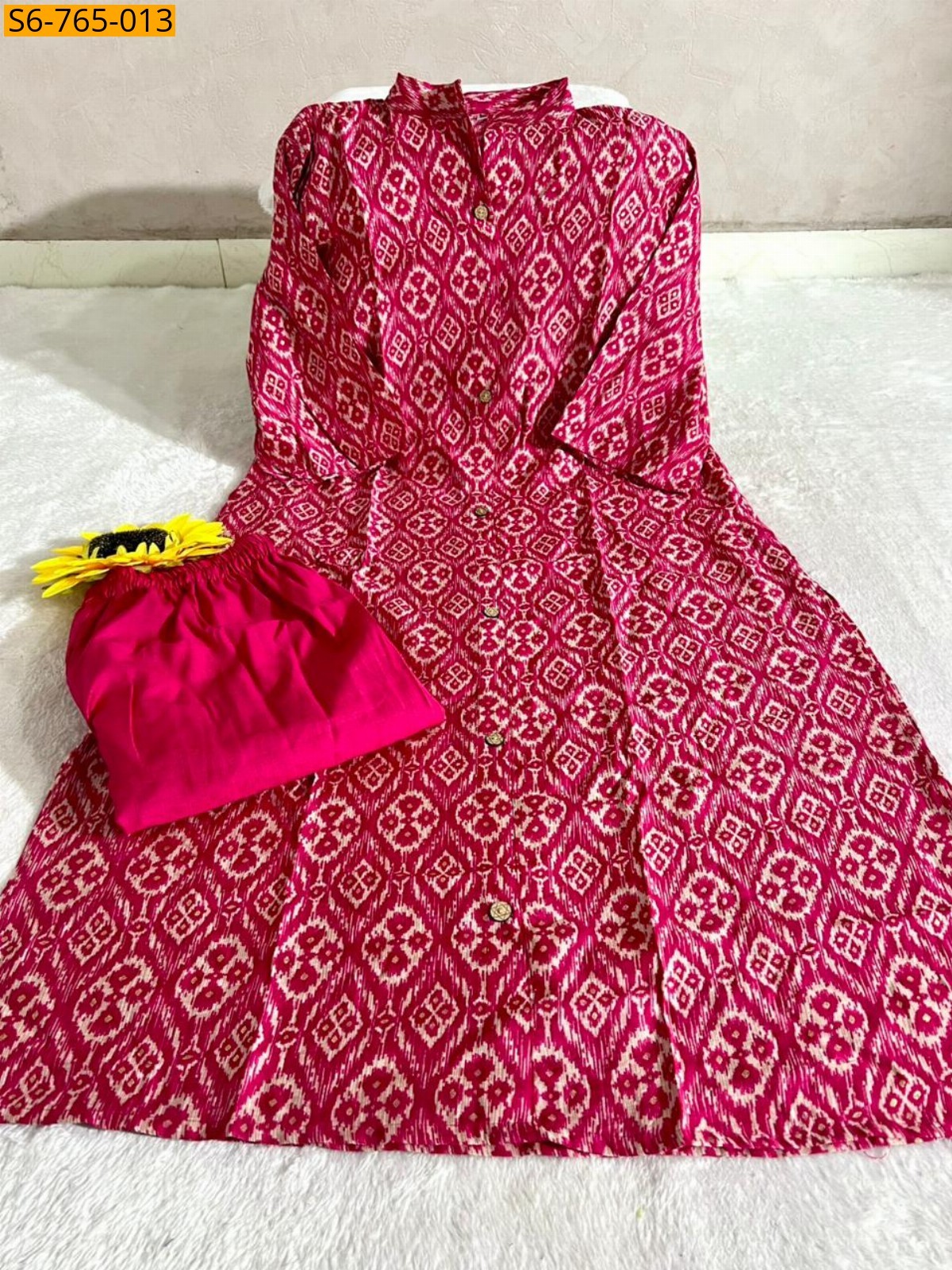 Pink Cotton Aline Kurti With Pant