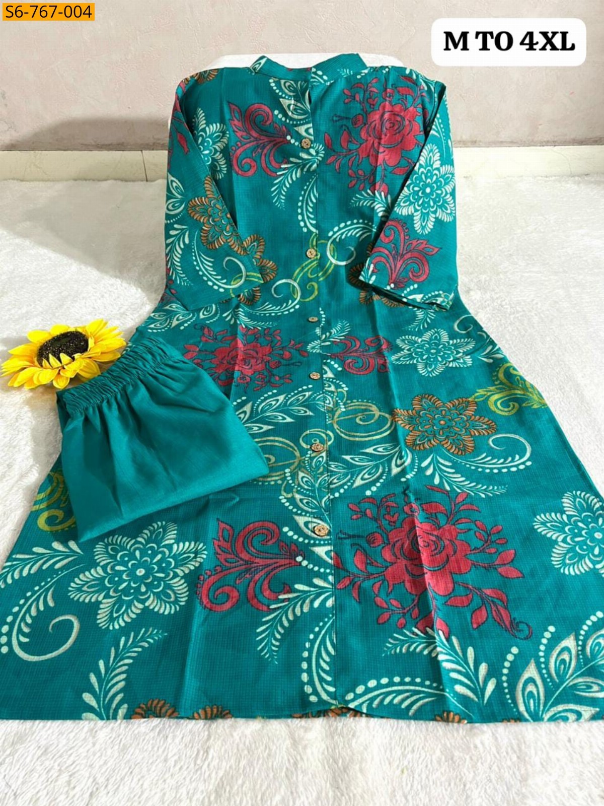 Rama Green Fancy Cotton Aline kurti With Ankle length Pant