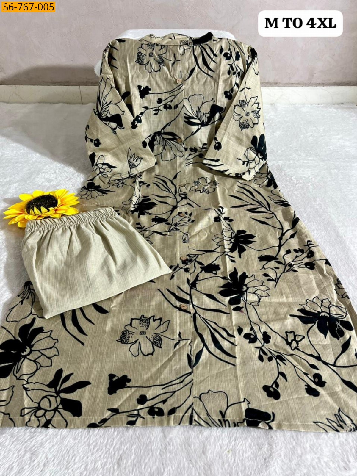 Beige Fancy Cotton Aline kurti With Ankle length Pant