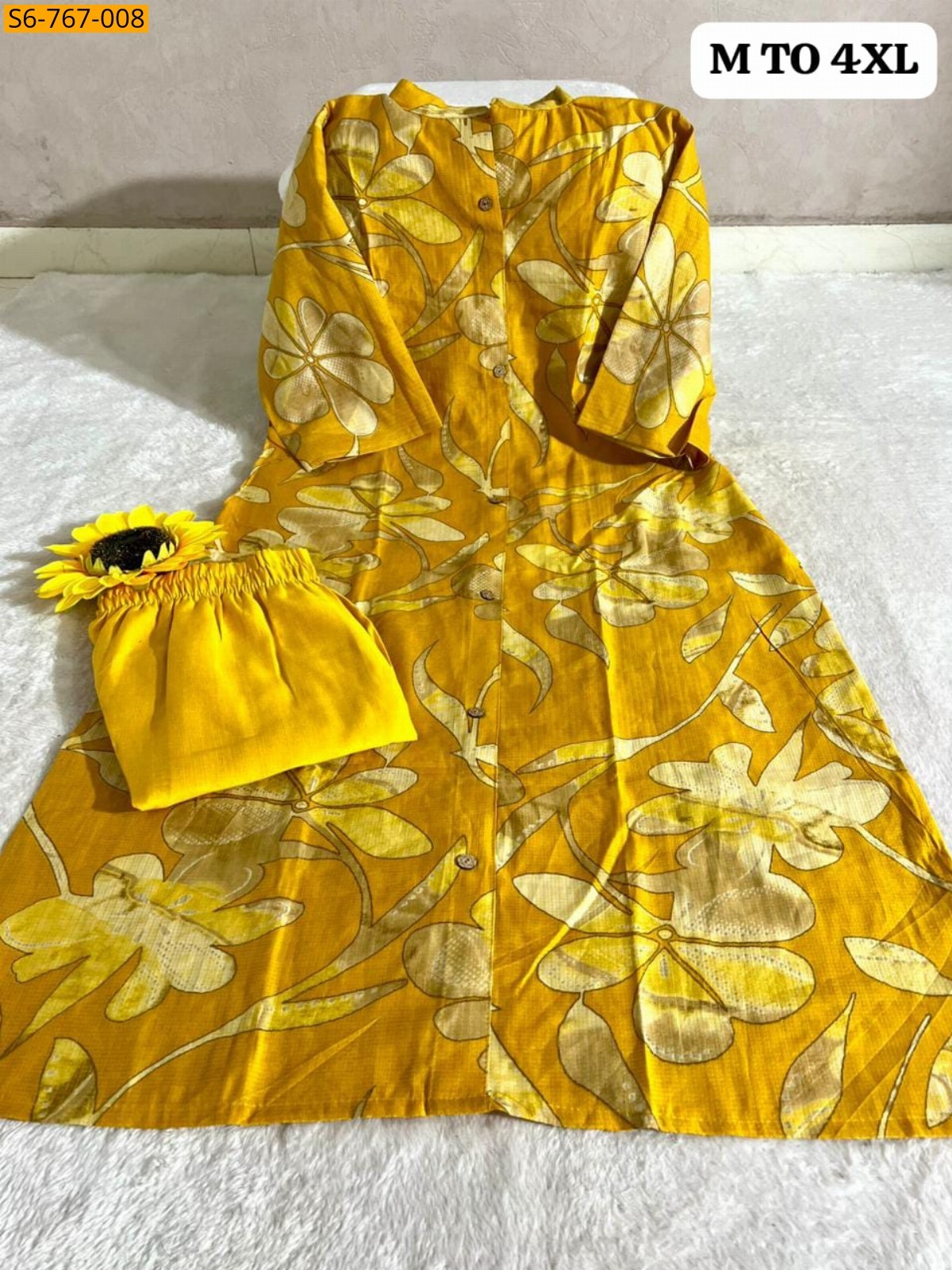 Yellow Fancy Cotton Aline kurti With Ankle length Pant