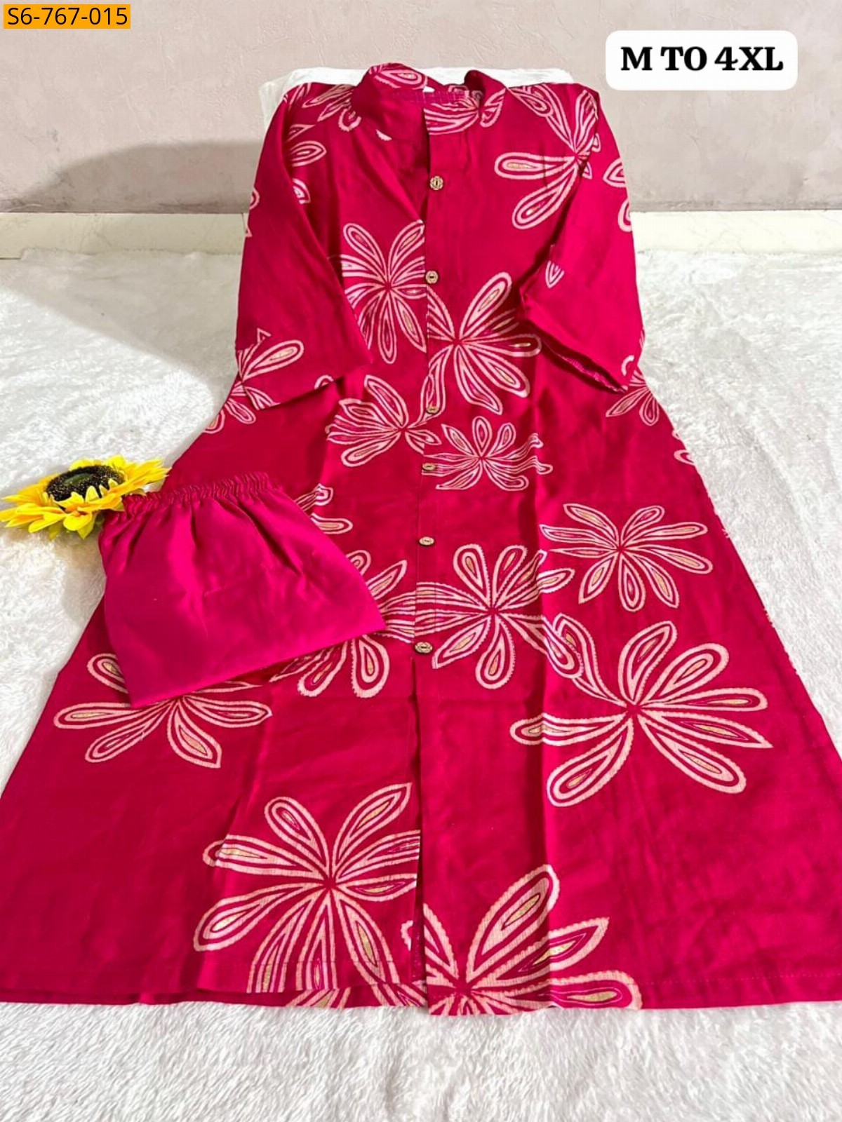 Pink Fancy Cotton Aline kurti With Ankle length Pant