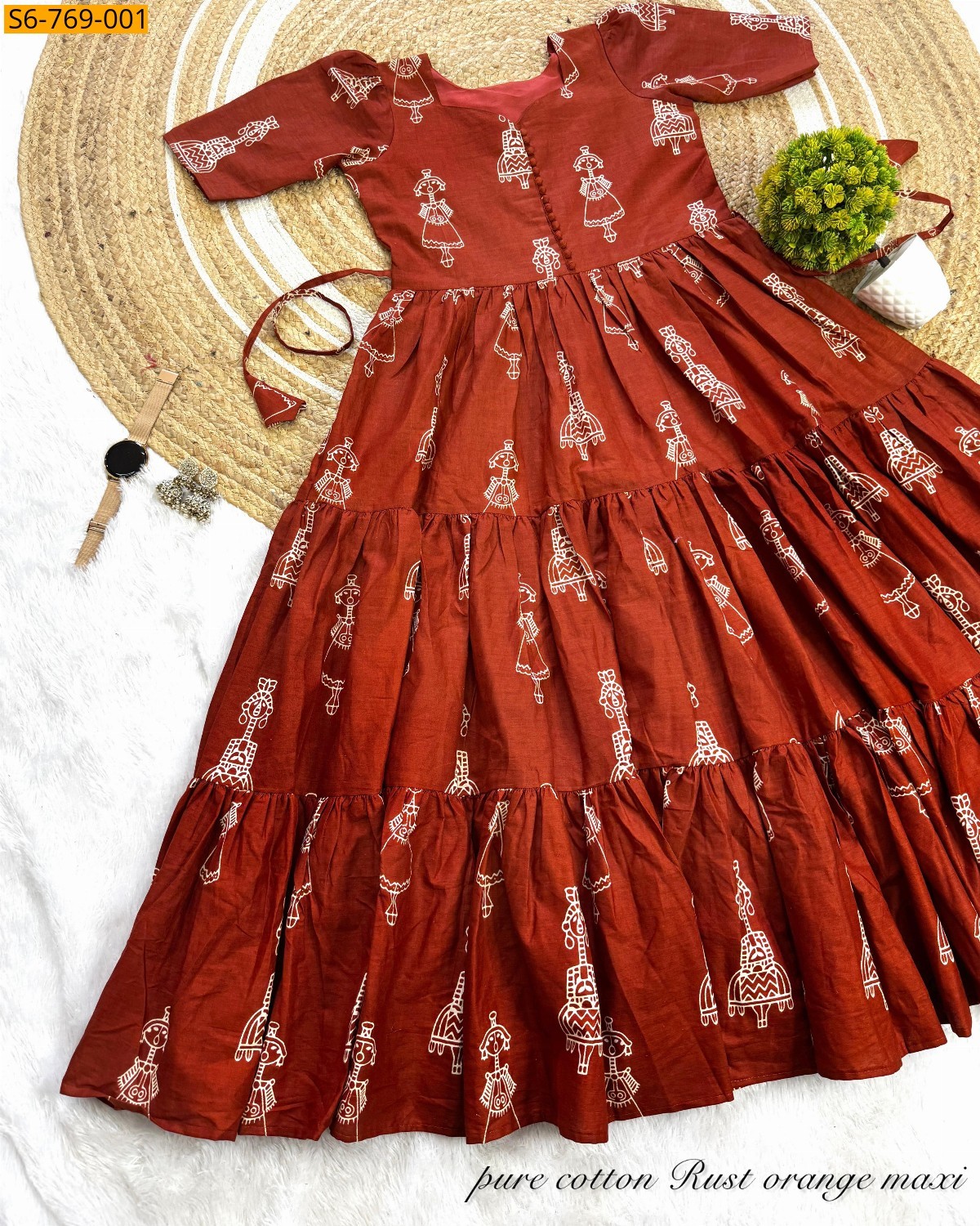 Brick red Fancy Cotton printed Maxi Gown