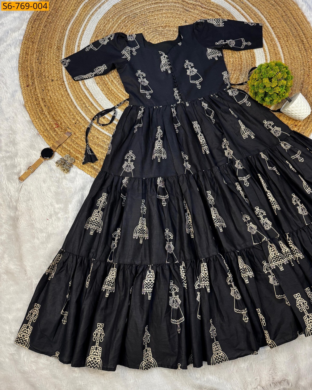 Black Fancy Cotton printed Maxi Gown