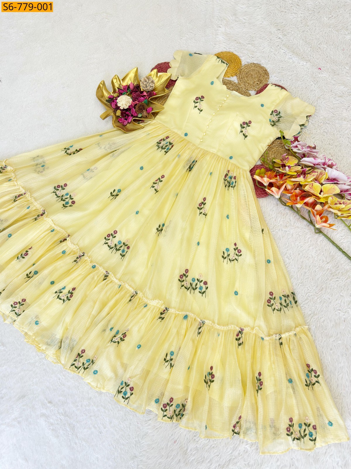 Yellow Fancy Kota Checks Gown