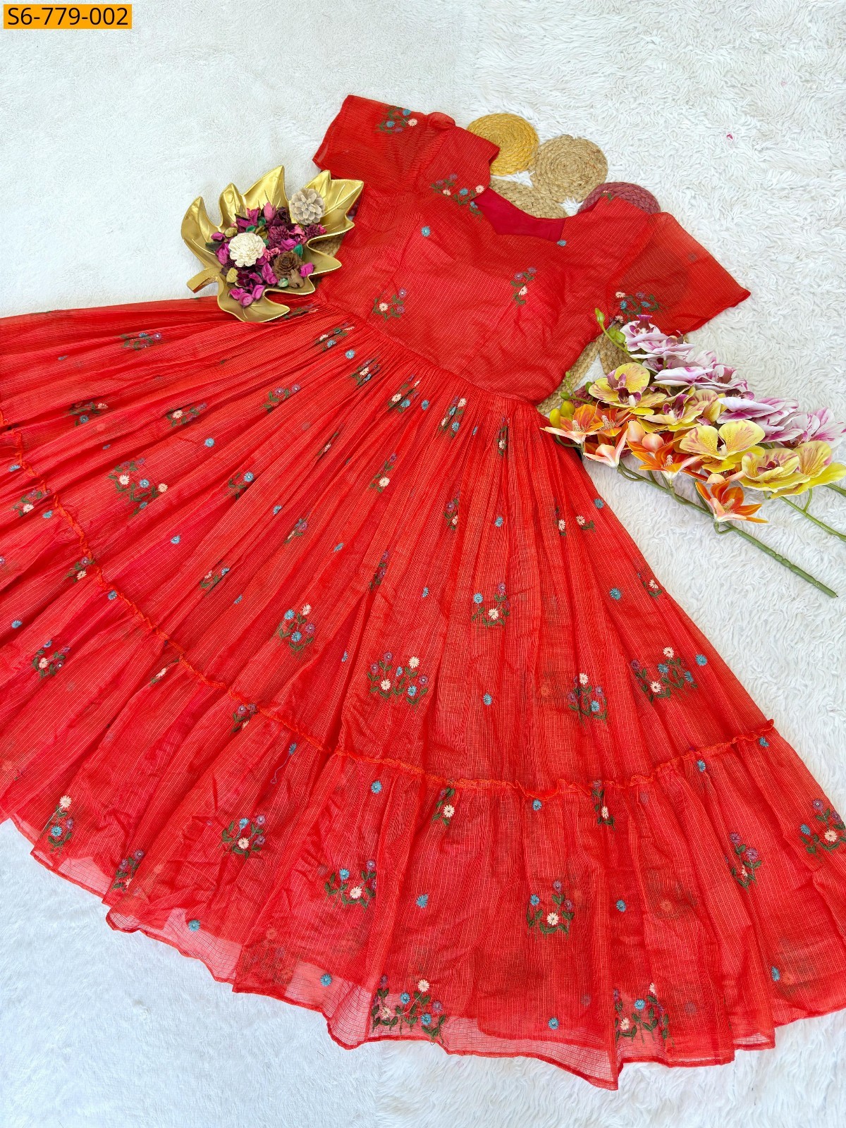 Red Fancy Kota Checks Gown