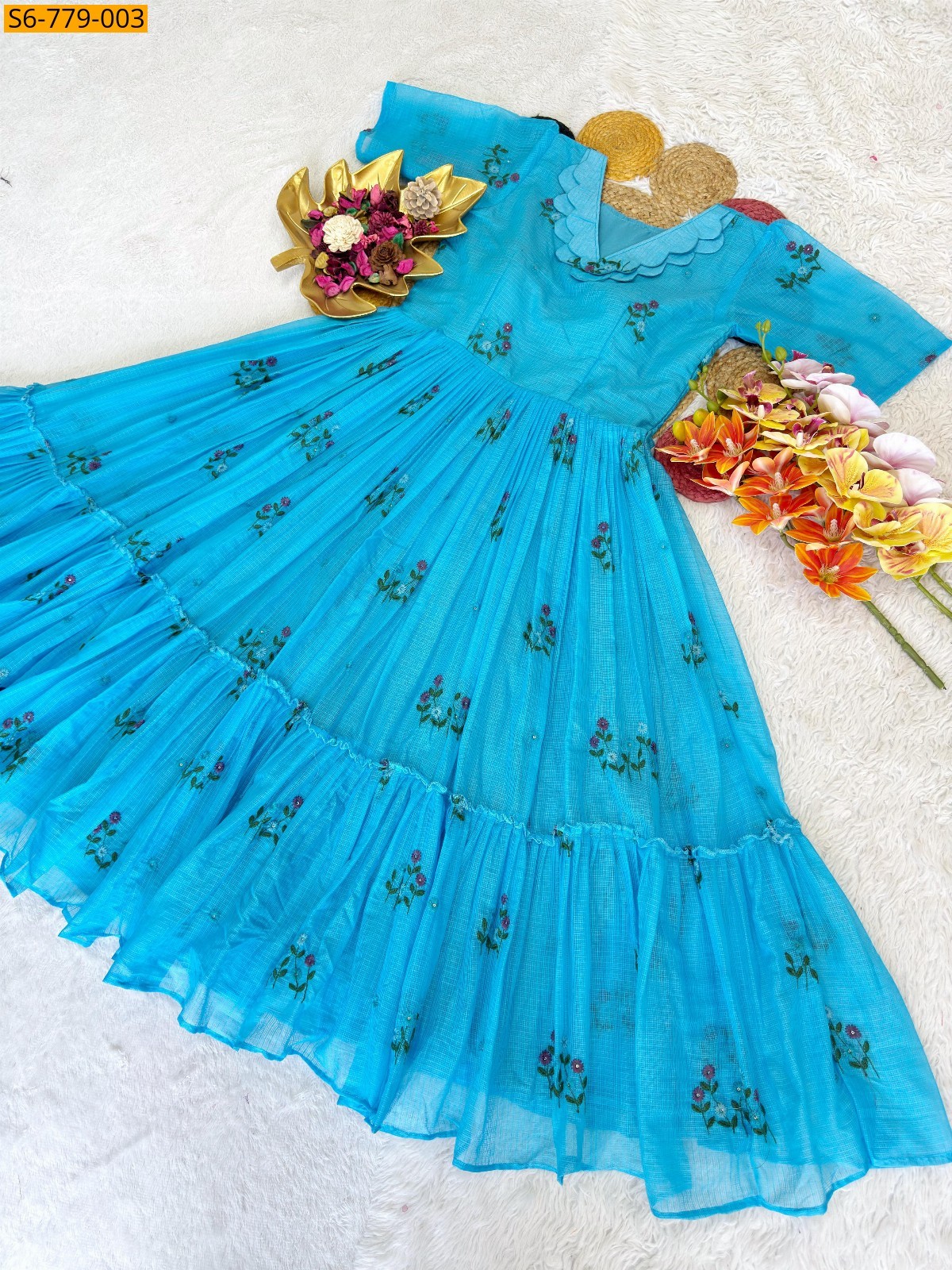 Sky Blue Fancy Kota Checks Gown