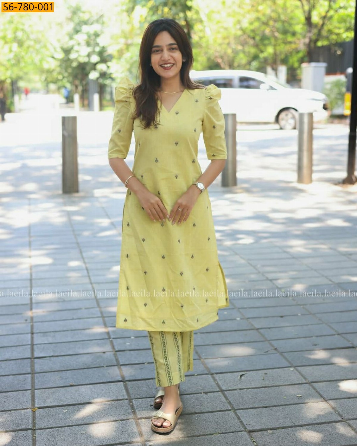 Yellow Fancy Blended Cotton Slub Kuti with Pant