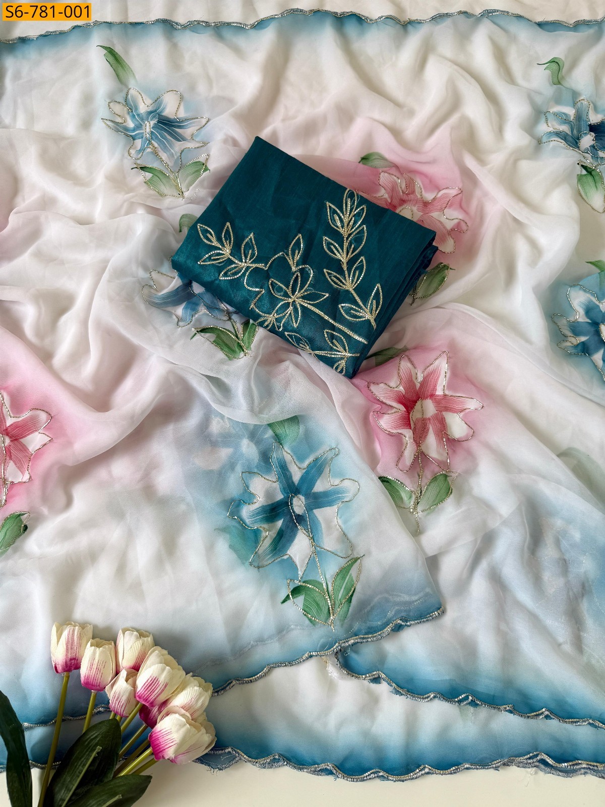 White With Blue Fancy Soft Georgette  Sarees