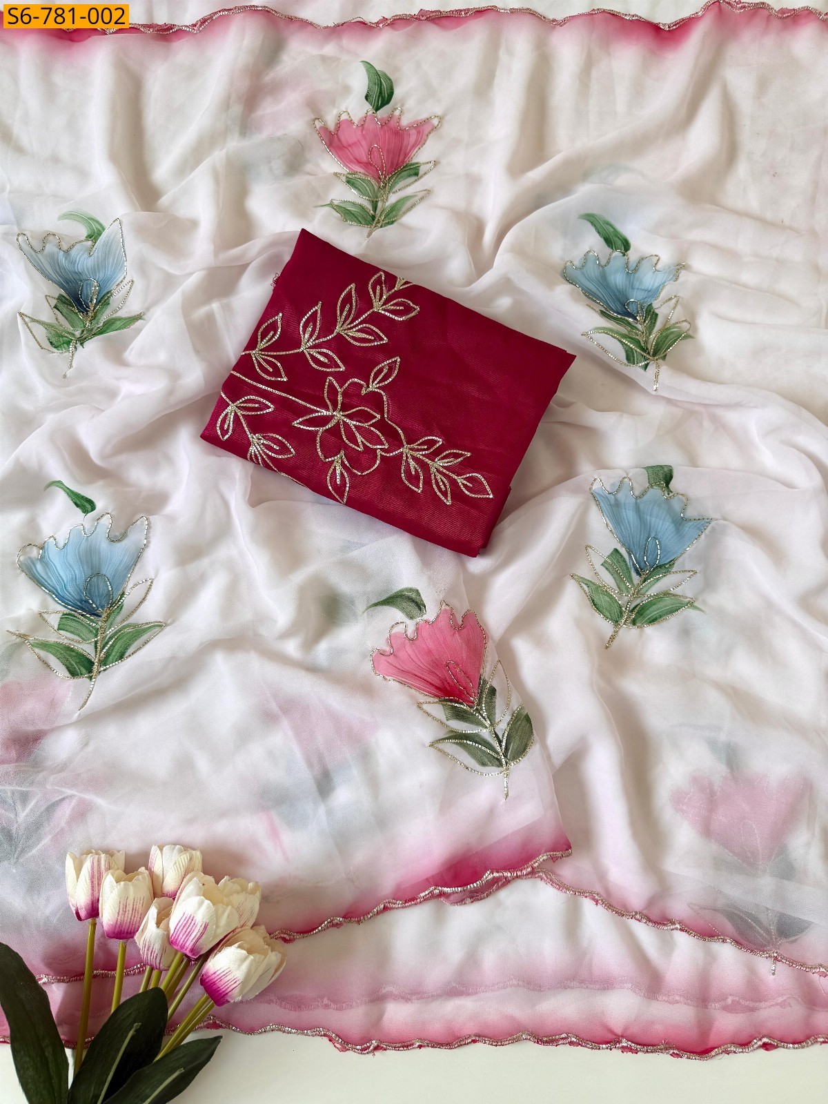 White With Pink Fancy Soft Georgette  Sarees