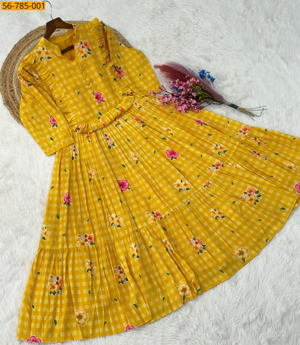 Yellow Fancy Muslin Silk With Gingham print Kurti