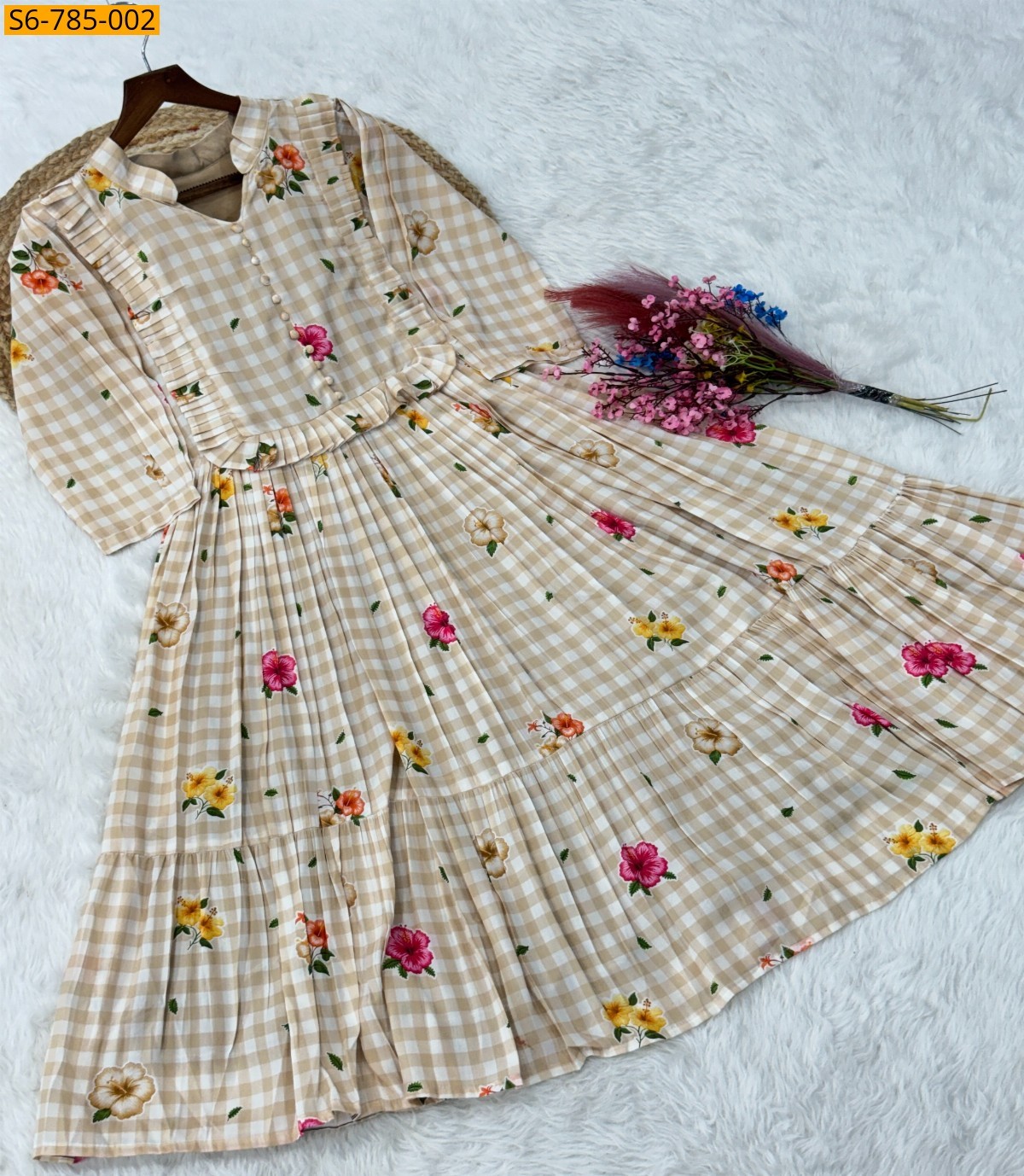 Cream Fancy Muslin Silk With Gingham print Kurti