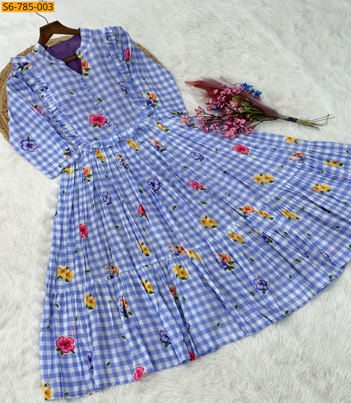 Blue Fancy Muslin Silk With Gingham print Kurti