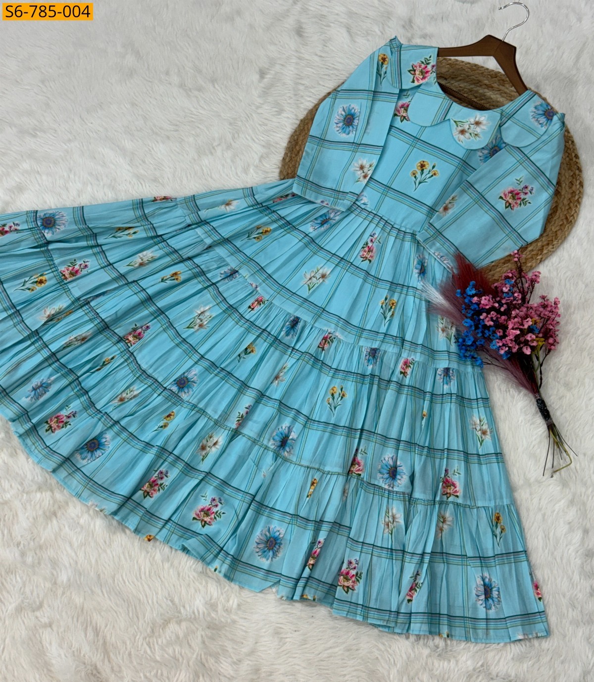 Sky Blue Fancy Muslin Silk With Gingham print Kurti