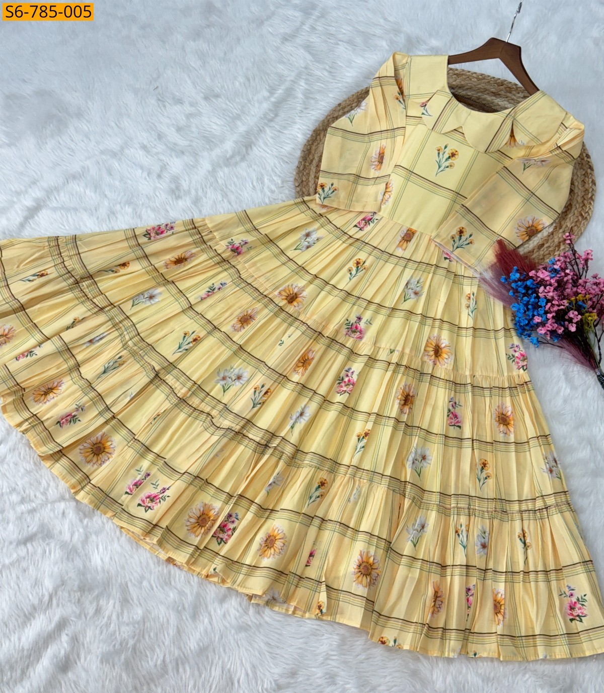 Yellow Fancy Muslin Silk With Gingham print Kurti