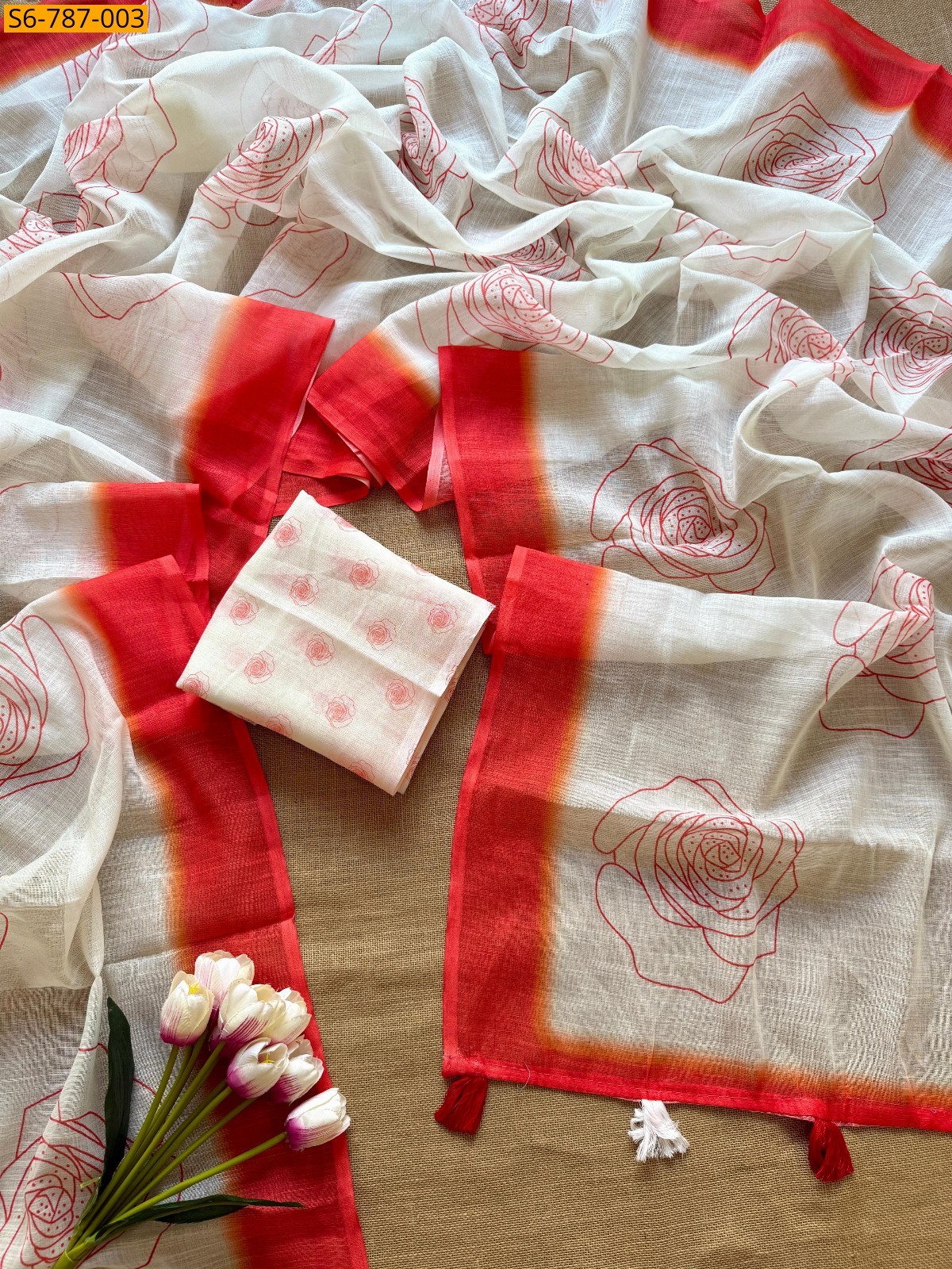 Red Fancy Soft Linen  Saree