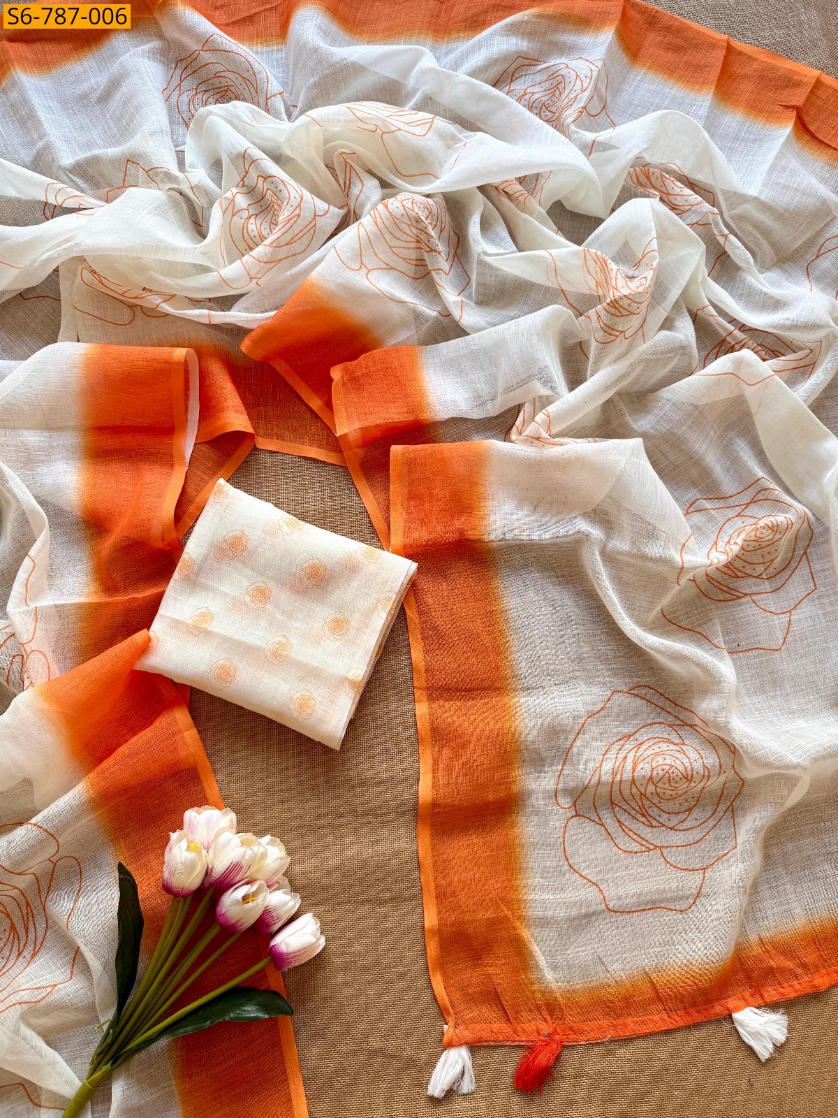 Orange Fancy Soft Linen  Saree