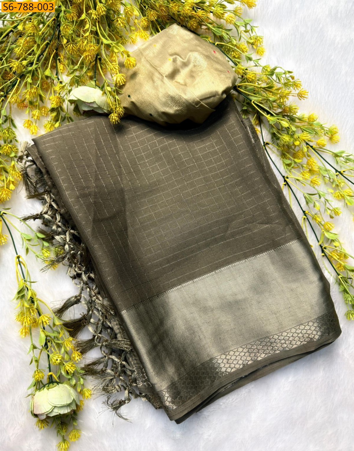 Olive Green Fancy Viscose Chinon Saree