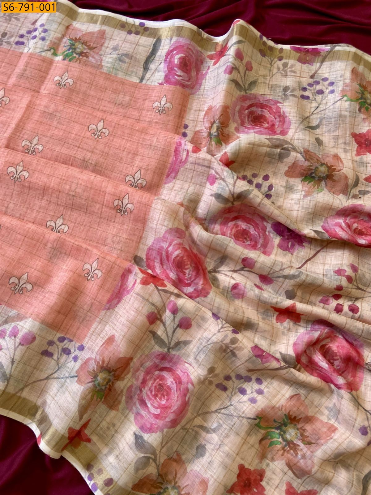 Peach Fancy Soft  Linen Saree