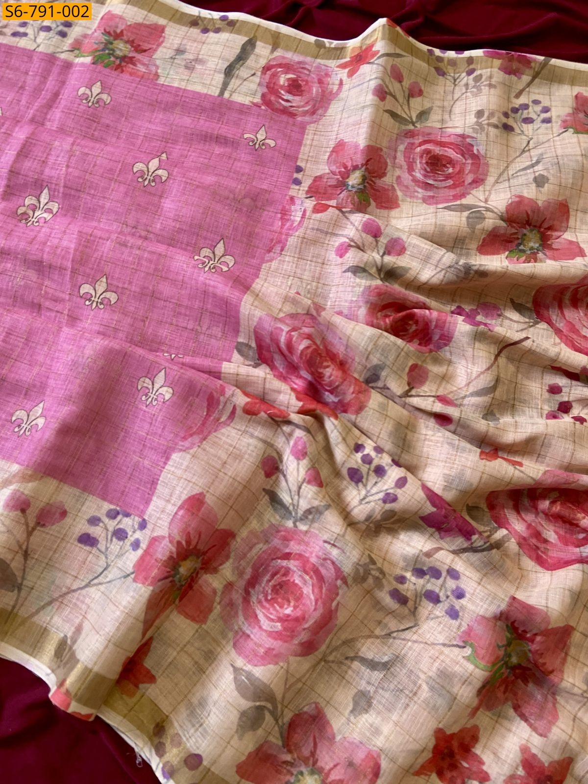 Pink Fancy Soft  Linen Saree
