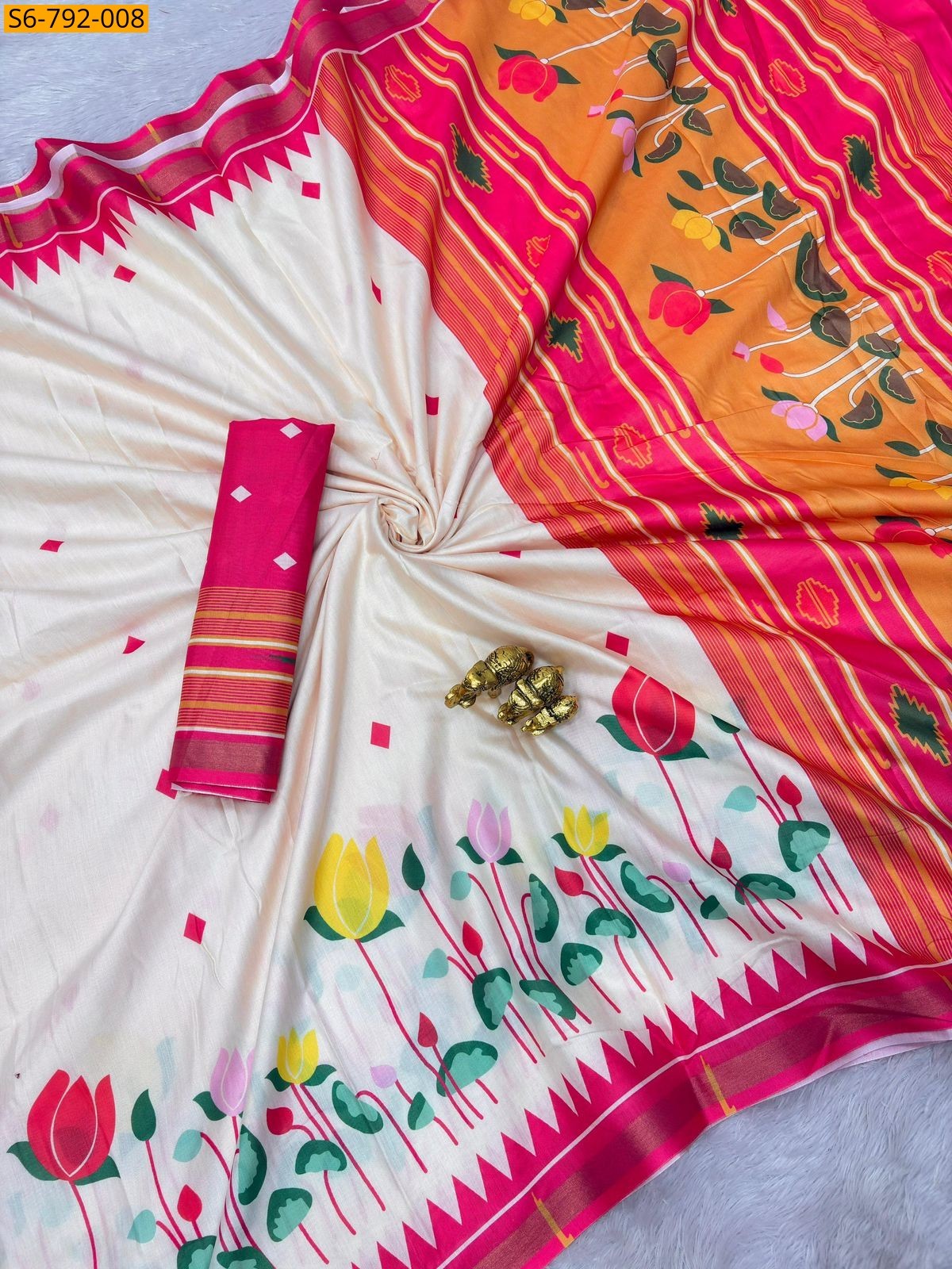Cream Fancy Soft Mulmul Cotton Saree