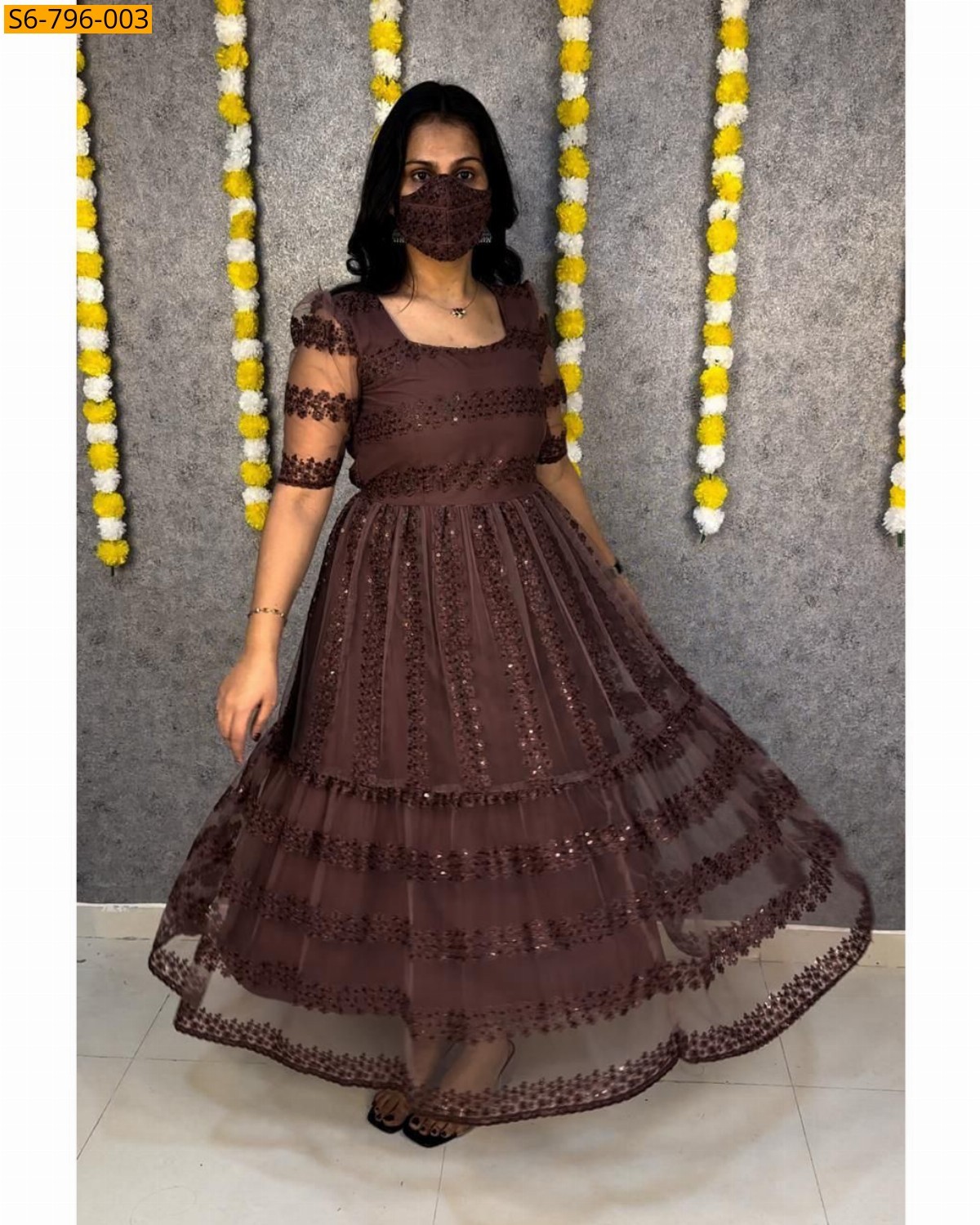 Brown Fancy Net Embroidery Frock