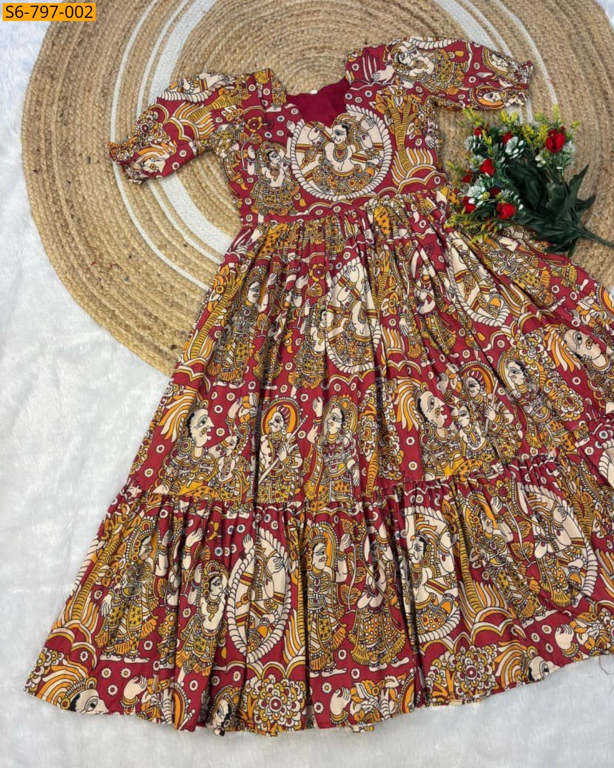Red Fancy muslin mix cotton Kalmkari Maxi