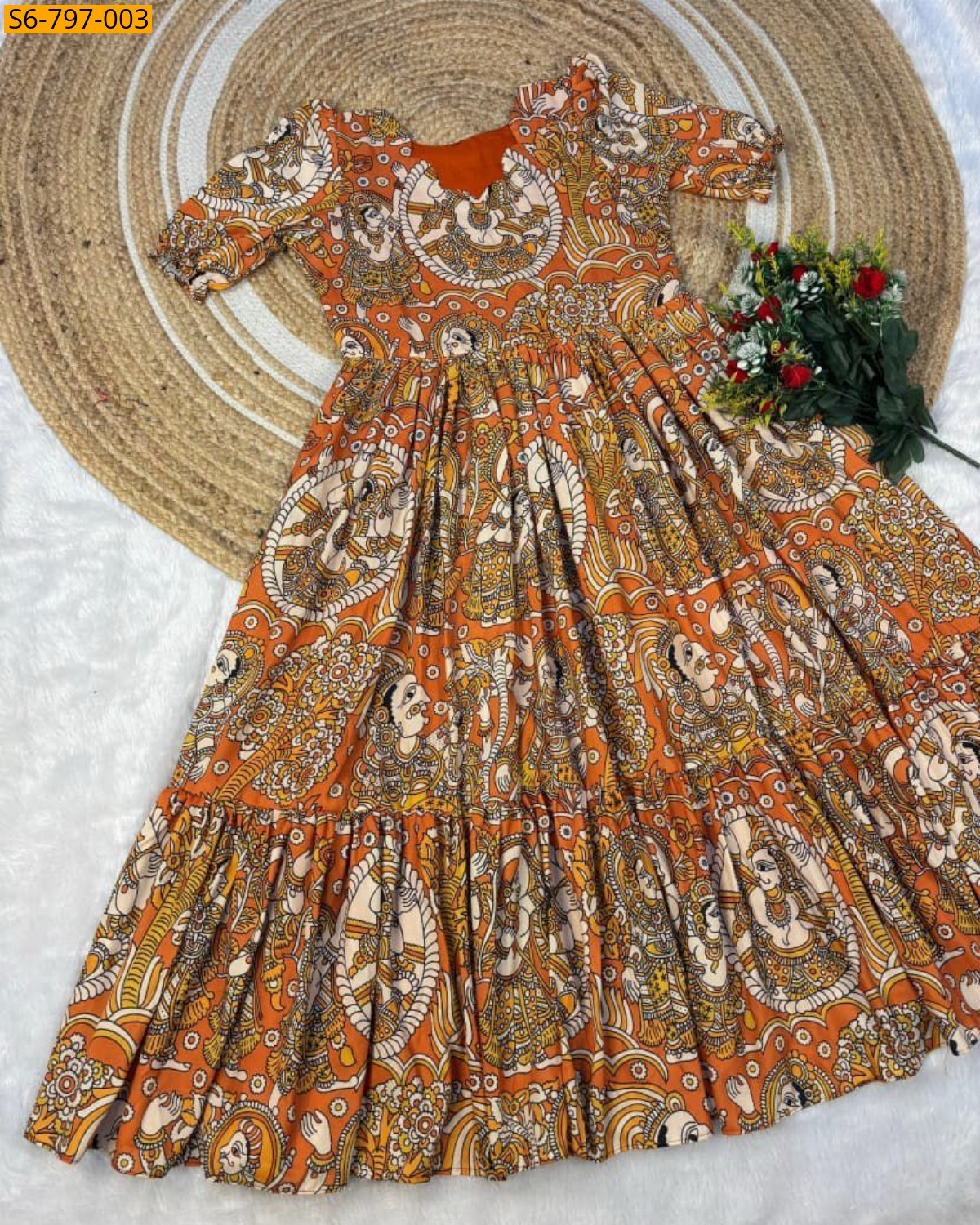 Orange Fancy muslin mix cotton Kalmkari Maxi