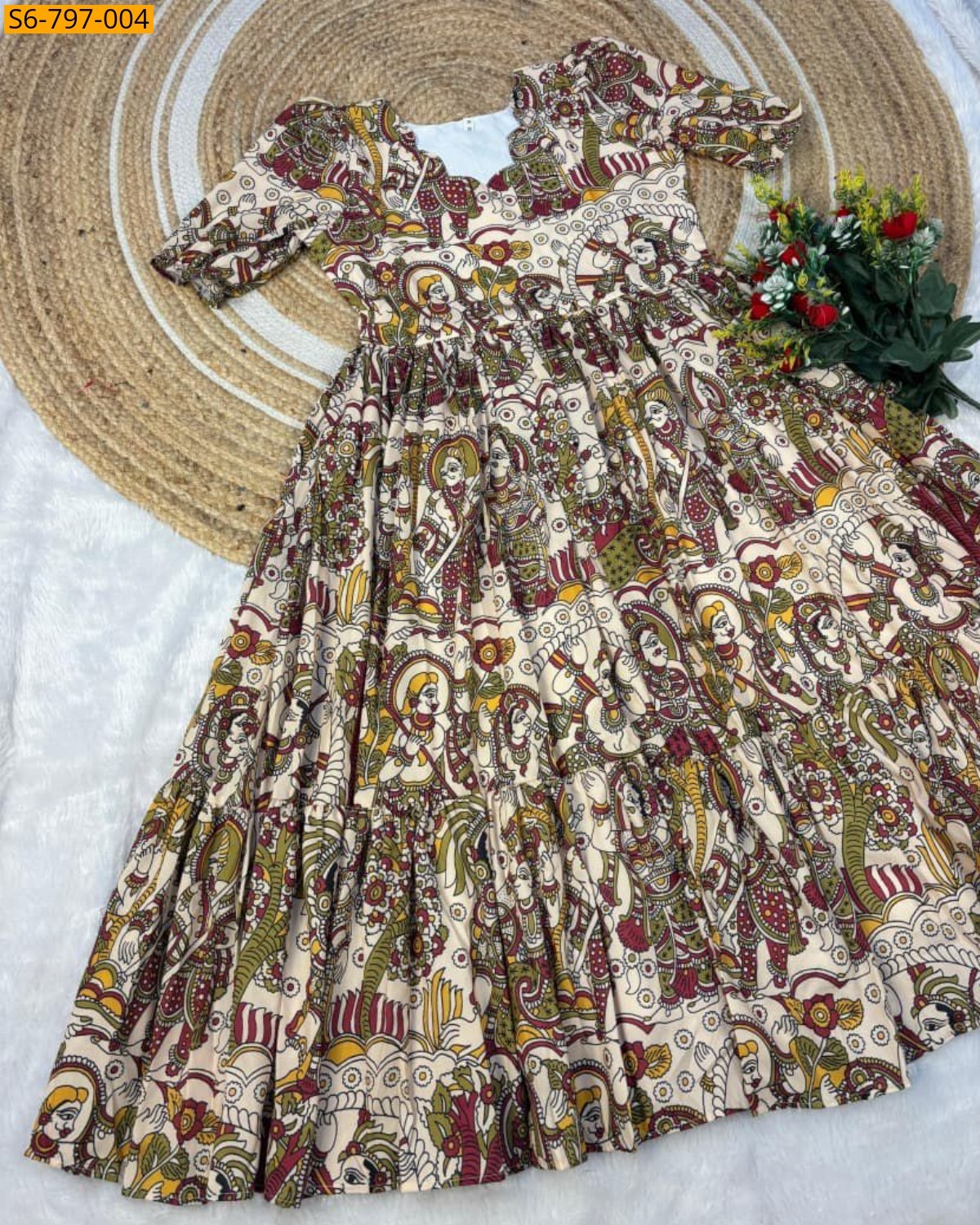 Beige Fancy muslin mix cotton Kalmkari Maxi