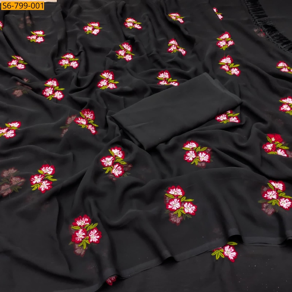 Black Fancy Georgette floral embroidery  saree