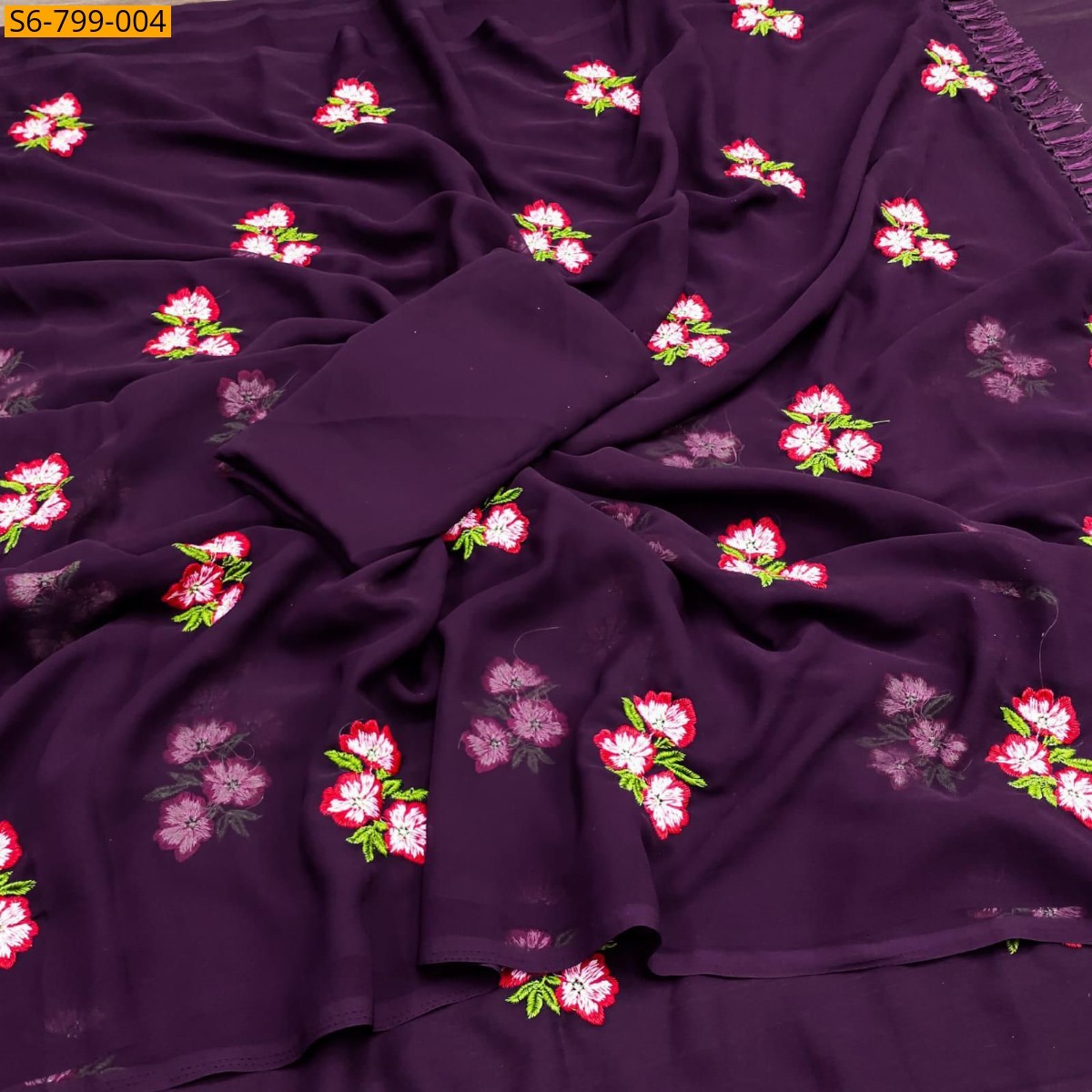 Wine Fancy Georgette floral embroidery  saree