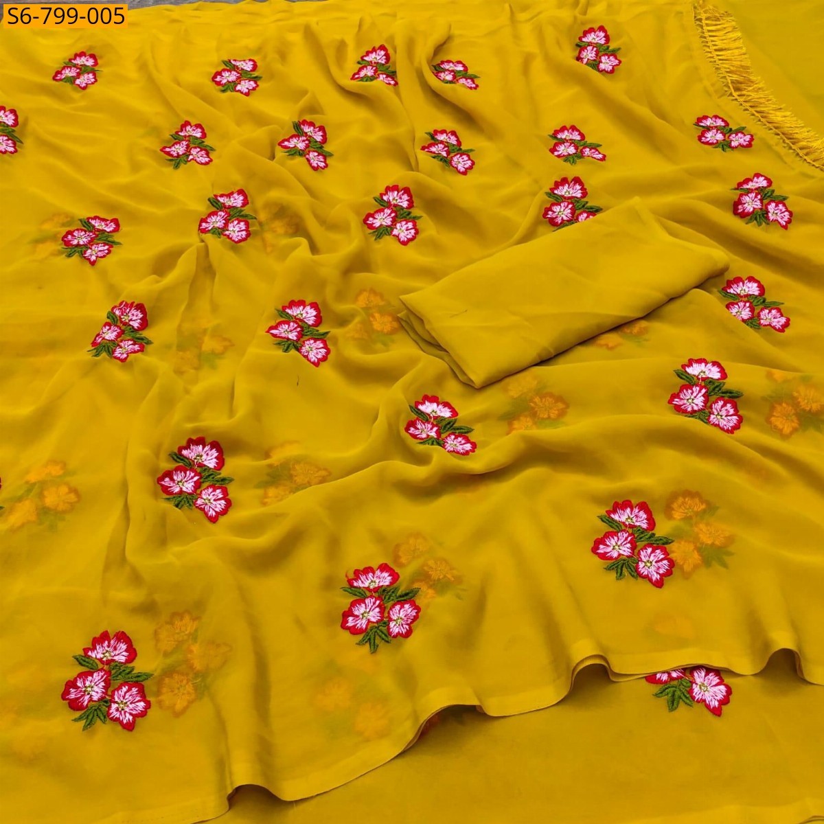 Mustard Fancy Georgette floral embroidery  saree