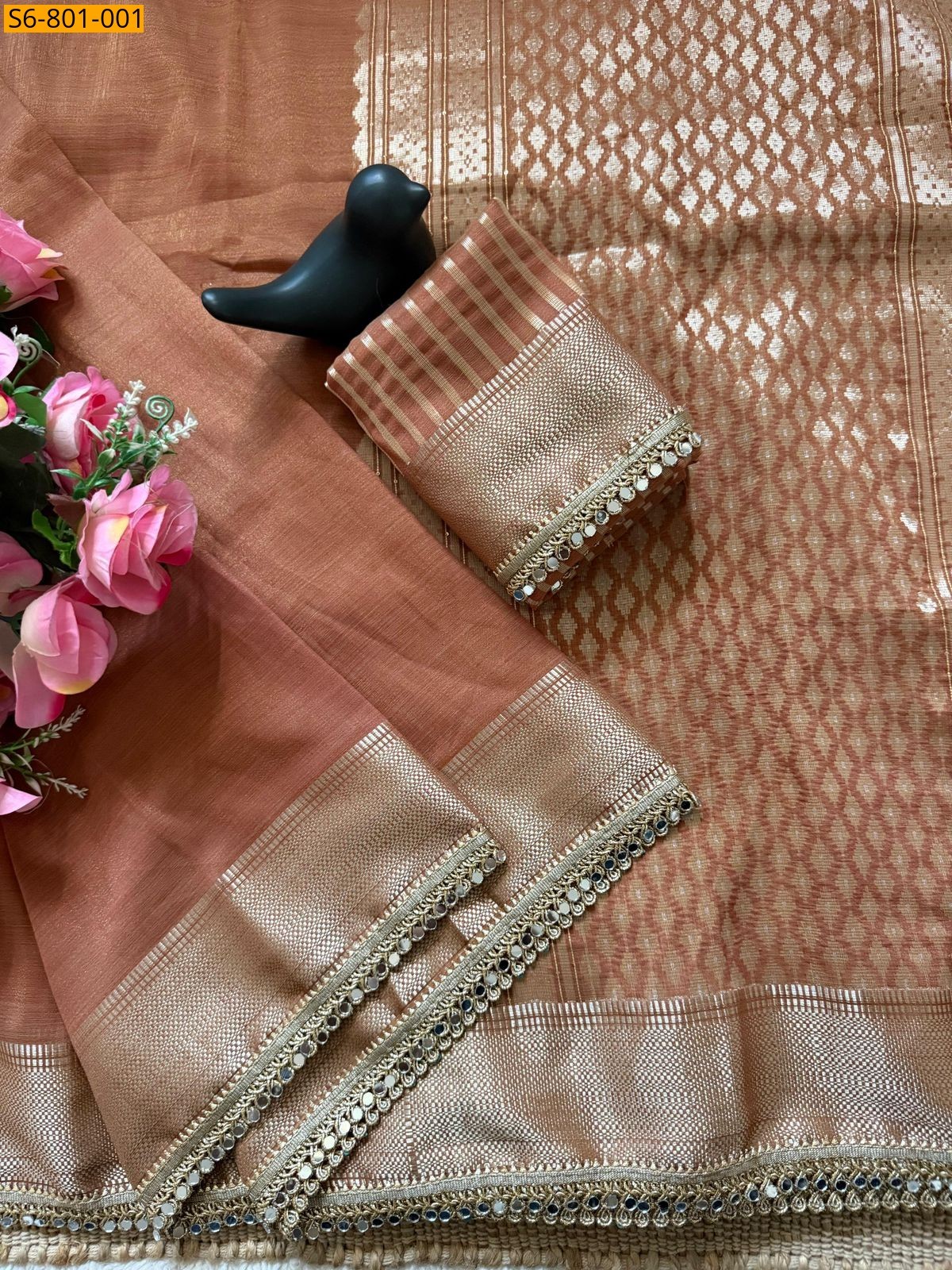 Peach Fancy Tussar Silk Saree