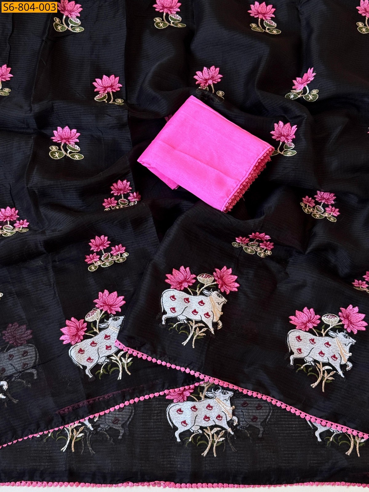 Black Fancy Kota Checks Embroidery Saree