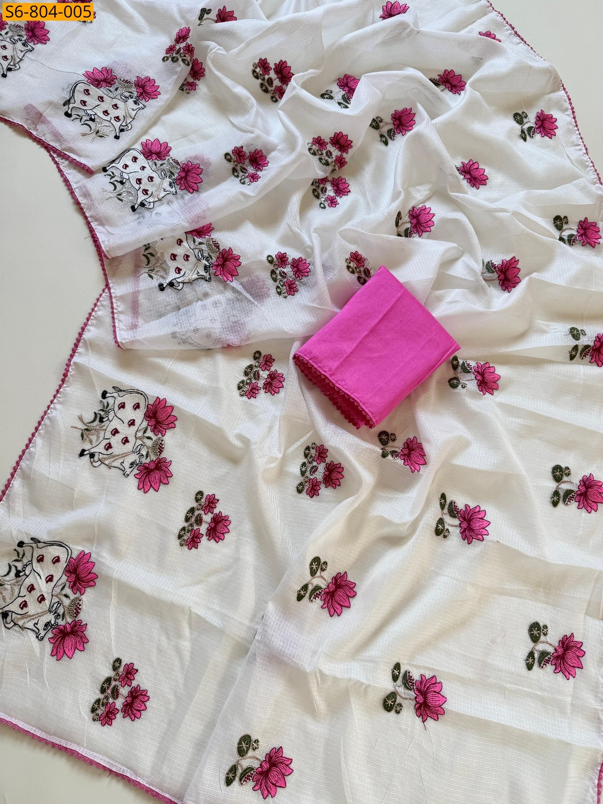 White Fancy Kota Checks Embroidery Saree